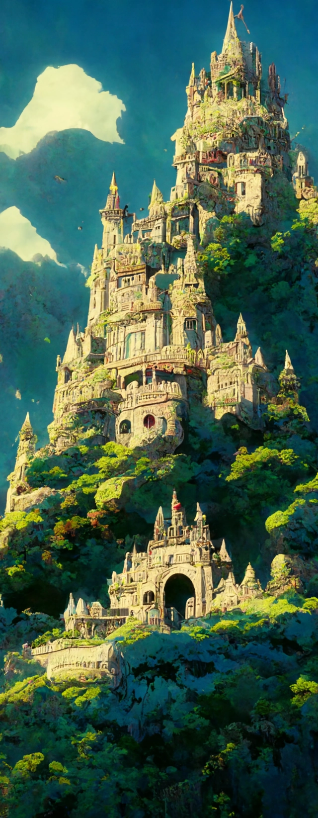 An imposing and highly ornamented fantasy castle, Carved from Sapphire stone, Atmosphere, Dramatic lighting, Beautiful Landscape, Epic composition, Wide angle, by Miyazaki, Nausicaa Ghibli, Breath of The Wild