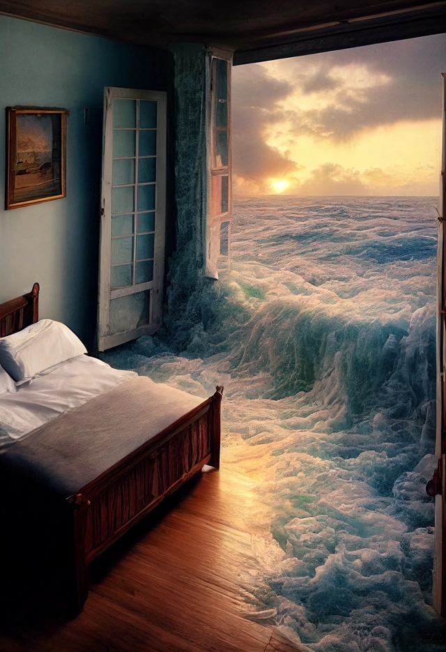 bedroom melting into the ocean