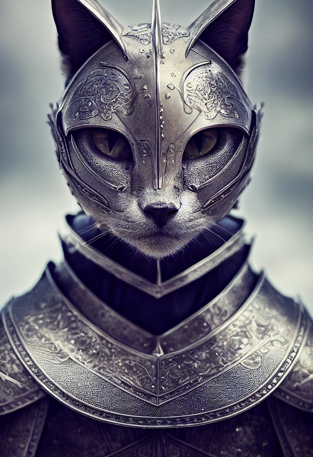 kneeling cat knight, portrait, finely detailed armor, intricate design, silver, silk, cinematic lighting, 4k,