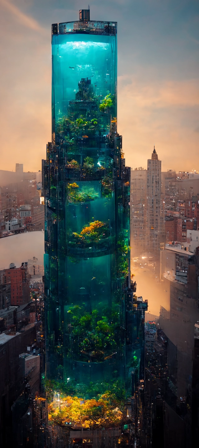 aerial view of a giant fish tank shaped like a tower in the middle of new york city, 8k octane render, photorealistic