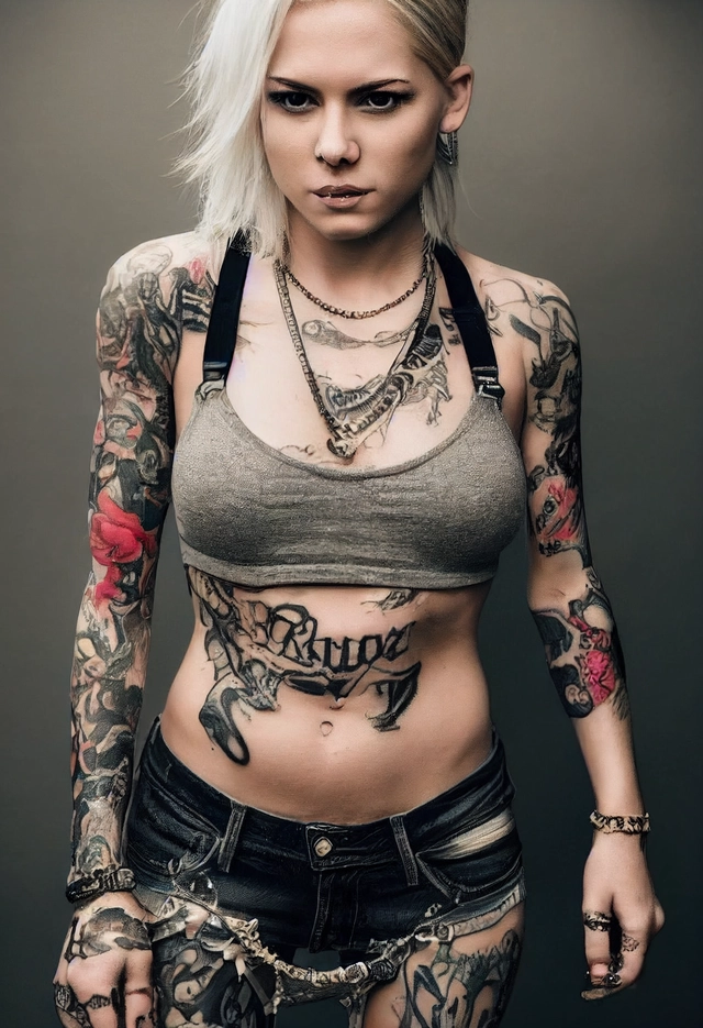 full body portrait of a blonde young punk rock woman, amazing body, hyper-feminine, pronounced feminine features, exposed skin, tattoos, piercing, attractive, fine athletic figure, smirking, amused, challenging, taunting, crazy, insanely detailed and intricate, atmospheric light, realistic photo, cinematic composition, trending on artstation