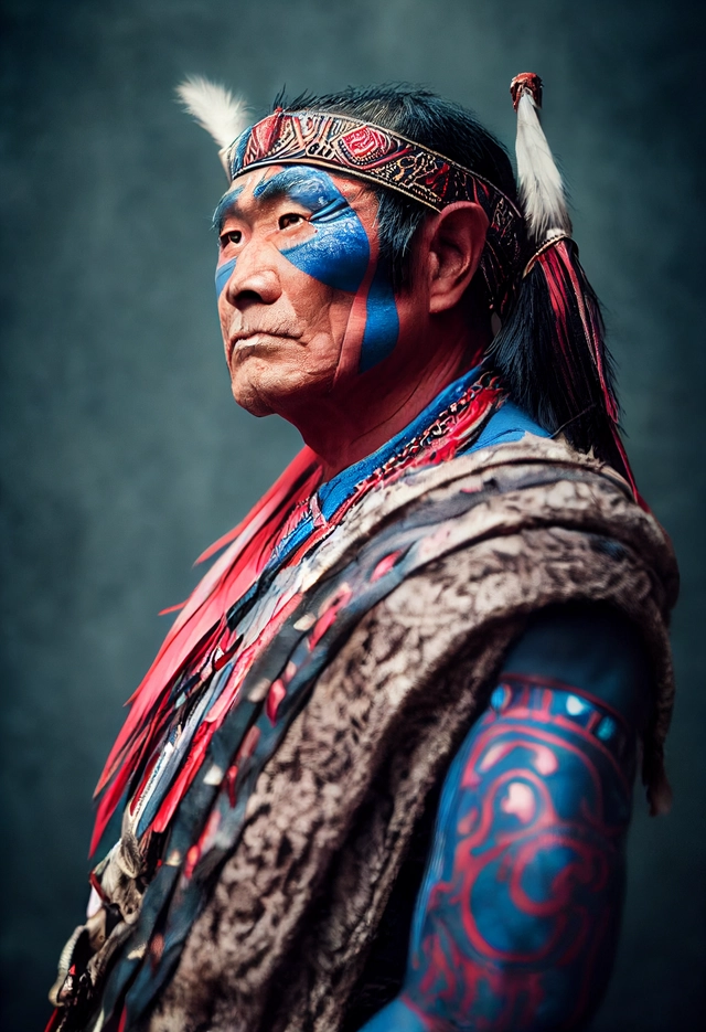 portrait photo of a asia old warrior chief, tribal panther make up, blue on red, side profile, looking away, serious eyes, 50mm portrait photography, hard rim lighting photography--beta