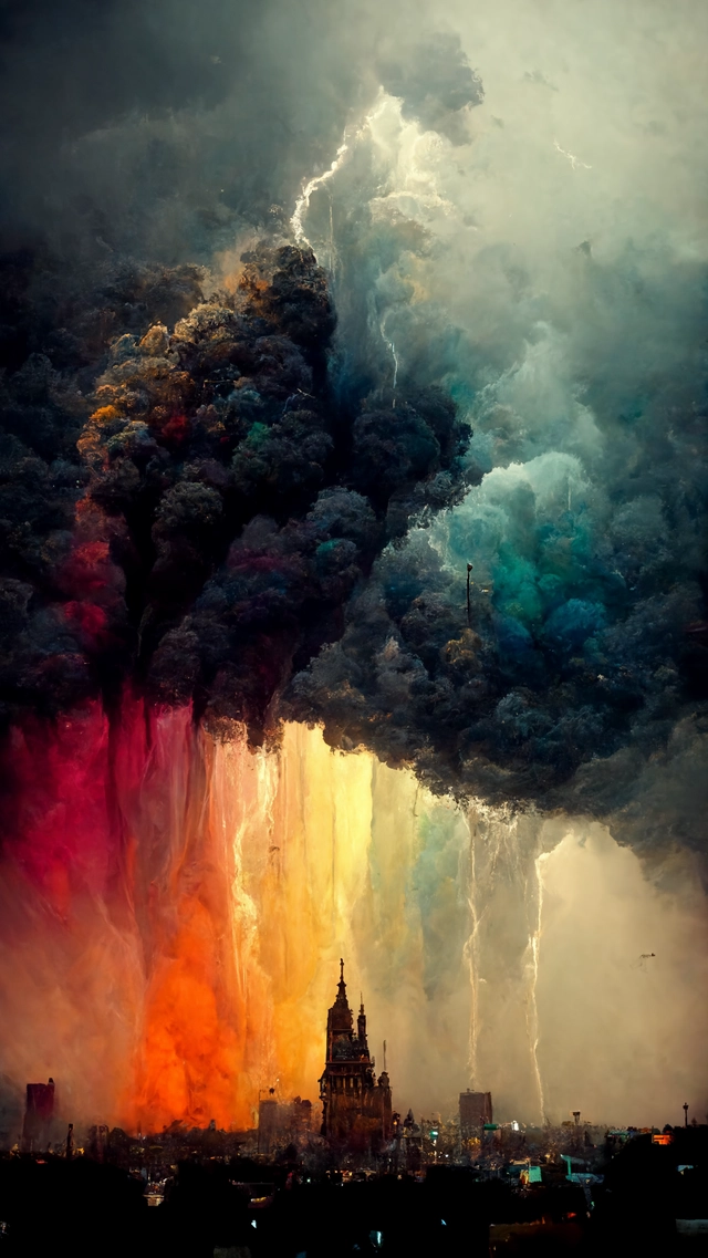 A thunderstorm of color over a city, pale colors, cinematic, ultra realistic,